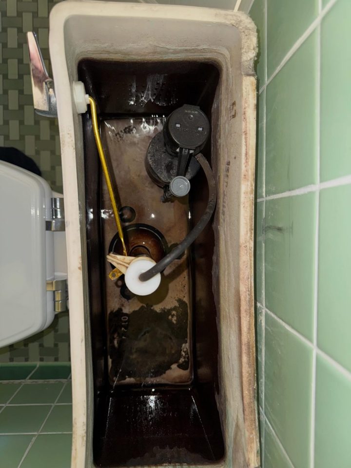 Before: the inside of an old toilet tank, stained and corroded